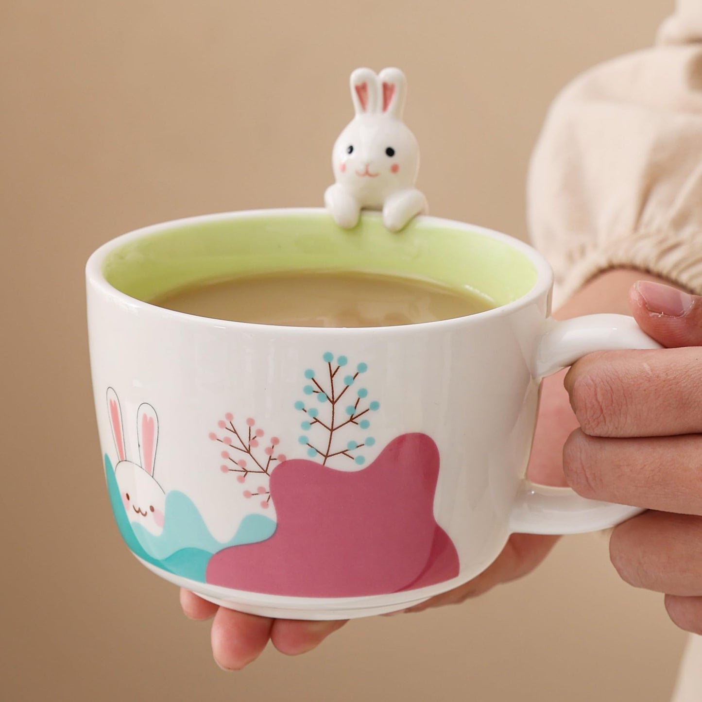 lpylxingyan 10oz Cute 3D Animal Coffee Mugs: Funny Handmade Ceramics Cups with Rabbit, Cow, Sloth, Fox, Lion for Kids Gift. (rabbit for easter day)