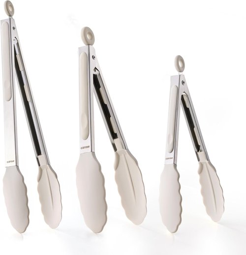 CAROTE Kitchen Tongs - Heat Resistant Stainless Steel with Non-Scratch Silicone Tips | Set of 3 (7", 9", 12")