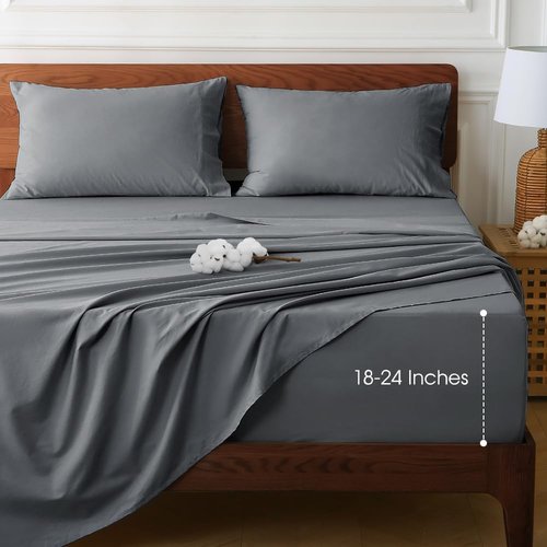 HYPREST Queen Sheet Set - Extra Deep Pocket 100% Cotton, Grey Luxury Cooling Sheets for 18"-24" Mattresses