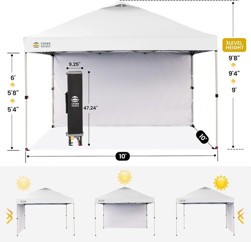 CROWN SHADES 10x10 Pop Up Canopy - Easy Setup Beach Tent with Side Wall & Carry Bag | White Outdoor Sun Shade for Events