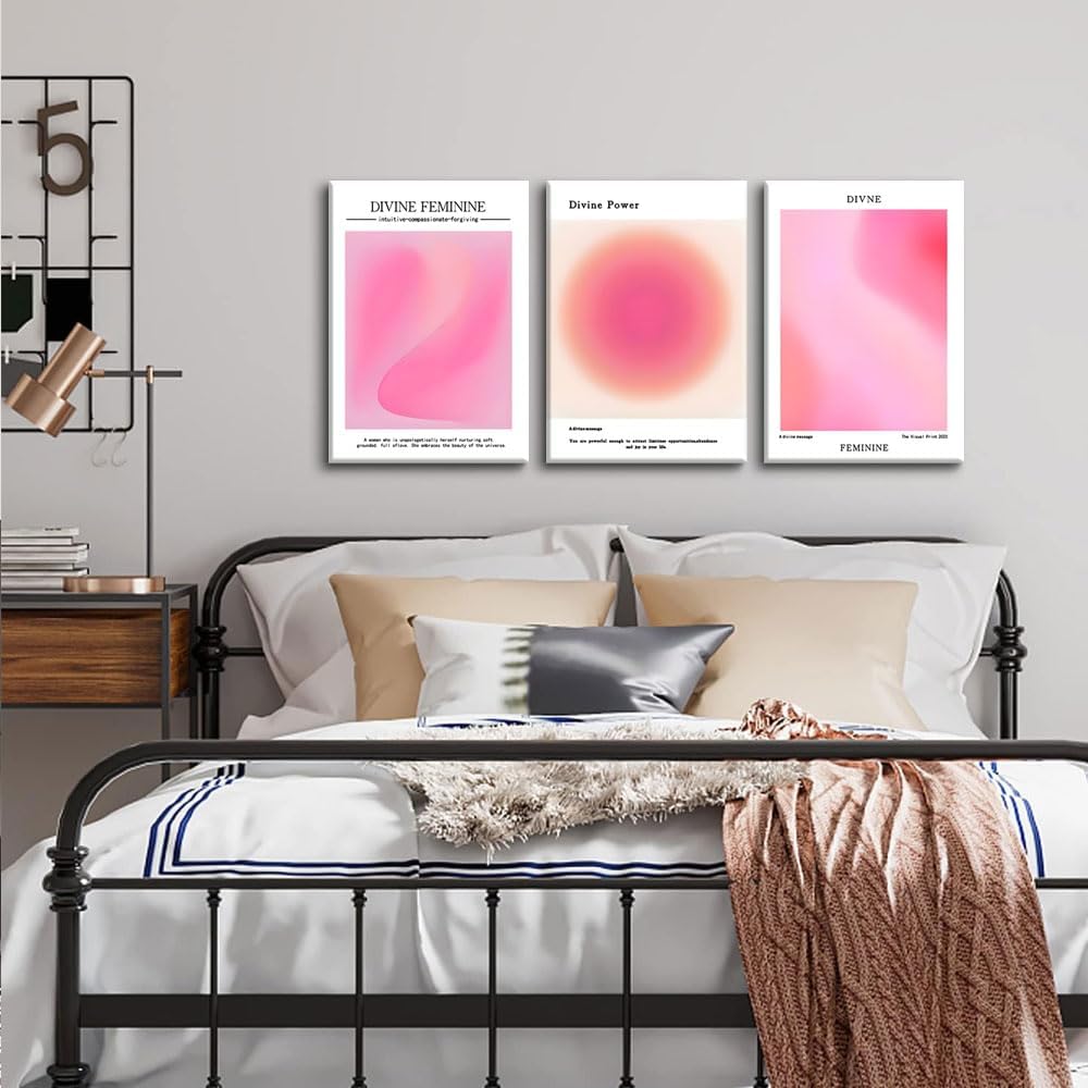 Trendy Aesthetic Canvas Wall Art Set of 3 - Pink Gradient Aura Angel Posters | Framed 12x16 Inch Decor for Bedroom & Living Room