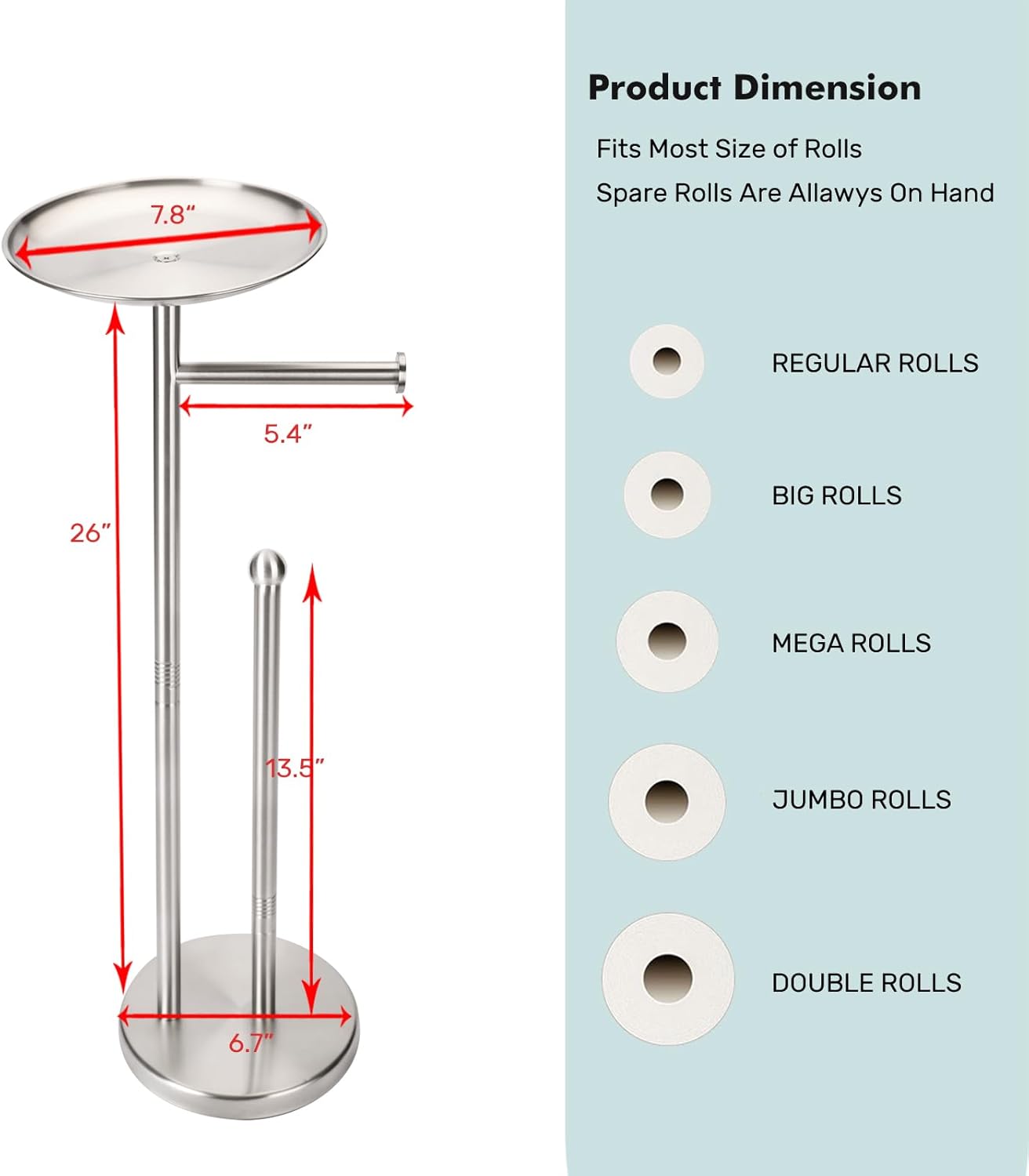 Skiennix Freestanding Toilet Paper Holder - Stylish Storage with Shelf for 4 Extra Rolls | Brushed Nickel