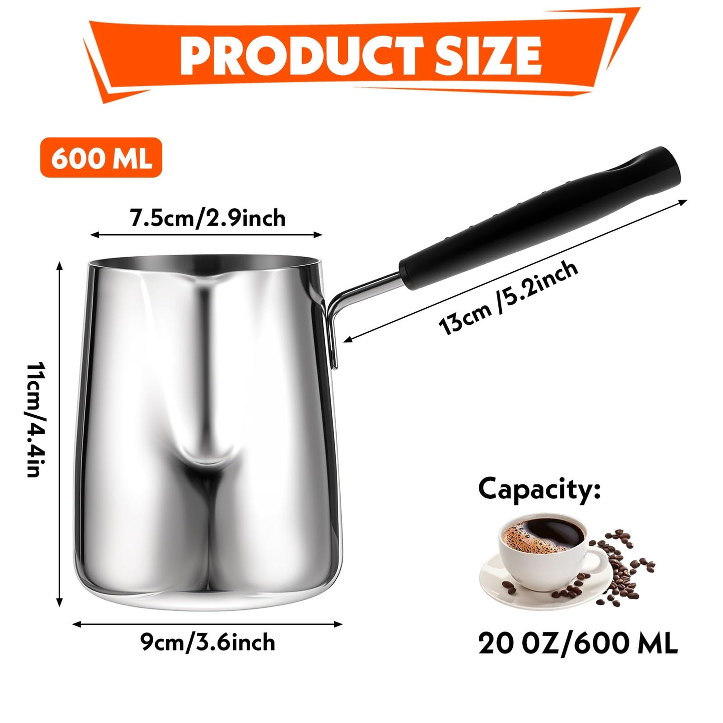 HOFURME Turkish Coffee Pot, Stainless Steel Milk and Coffee Warmer, Greek Arabic Coffee Pot, Stove Top Tea Maker, Chocolate and Butter Melting Pot with Heat Resistant Handle, 20 OZ, 600 ML