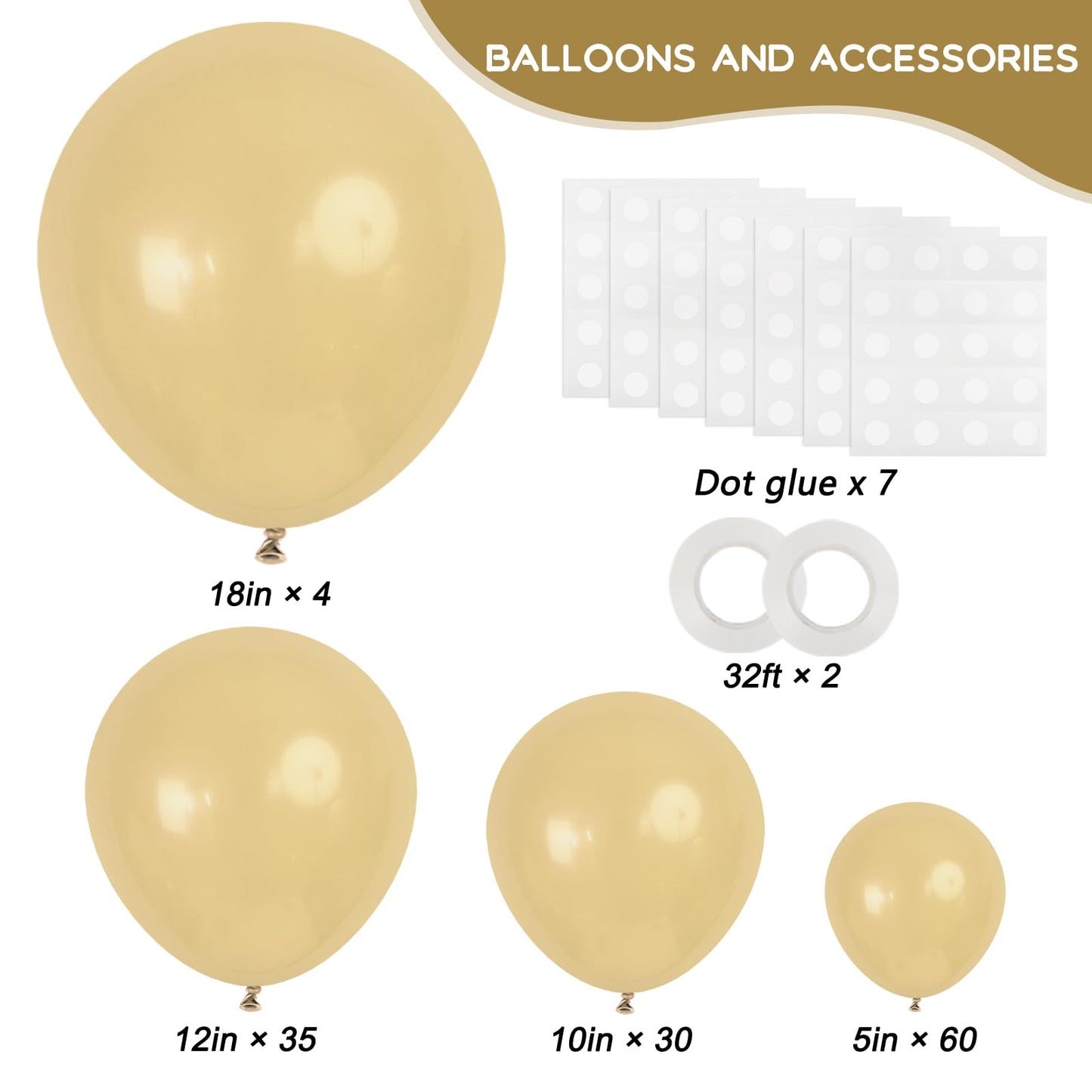 RUBFAC 129pcs Light Brown Balloons Different Sizes 18 12 10 5 Inch Latex Tan Balloon Kit for Birthday Party Baby Shower Wedding Anniversary Decoration