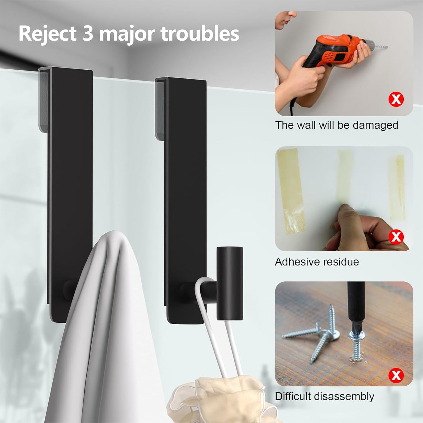 PMMASTO Shower Door Hooks - Heavy-Duty Stainless Steel Towel Hooks for Frameless Glass Doors | 7.5 Inch, Black 'T' Shape (2 Pack)
