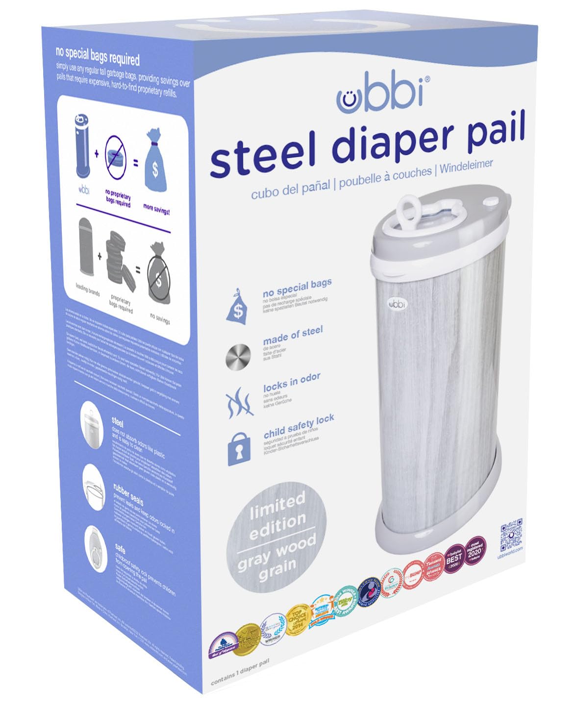Ubbi Steel Diaper Pail - Odor Locking Design, No Special Bags Needed | Award-Winning Woodgrain Finish