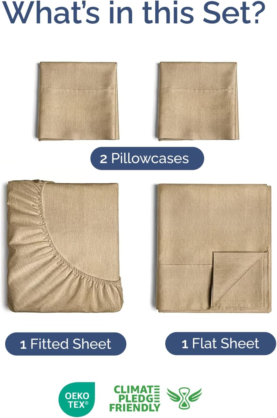 Skiennix Extra Deep Twin Sheet Set - 4-Piece Breathable Cooling Bedding - Soft, Wrinkle-Free Heathered Tan