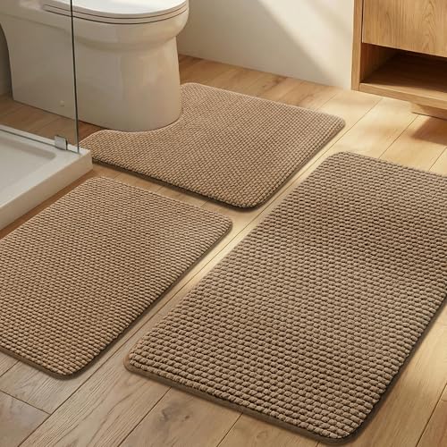 Brown 3-Piece Bathroom Rug Set - Extra Soft Absorbent Chenille Bath Mats & U-Shaped Toilet Rug - Non-Slip, Machine Washable