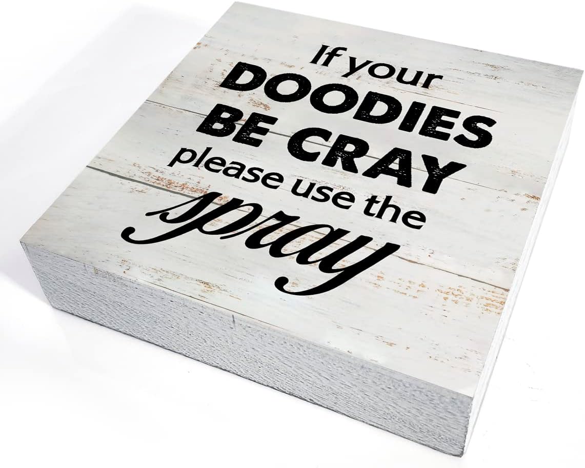 Rustic Bathroom Sign - Funny Wooden Box Decor for Farmhouse Style | 5x5 Inch Humor Restroom Decor