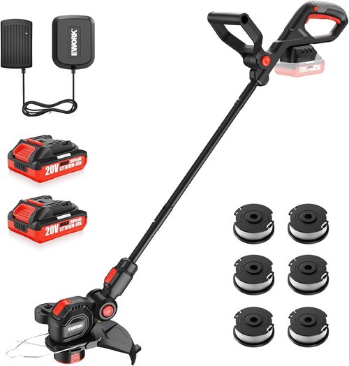 EWORK 20V Cordless Weed Wacker - 12-Inch Electric String Trimmer with 2 Batteries & Fast Charger
