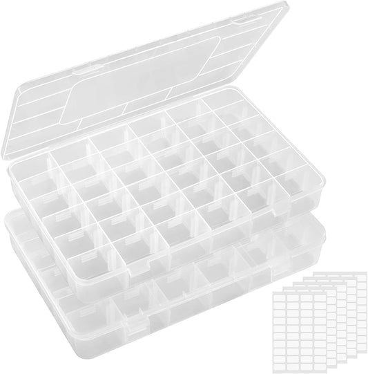 Lifewit 36-Grid Clear Stackable Plastic Organizer - Adjustable Dividers for Crafts & Jewelry | 2 Pack with Labels