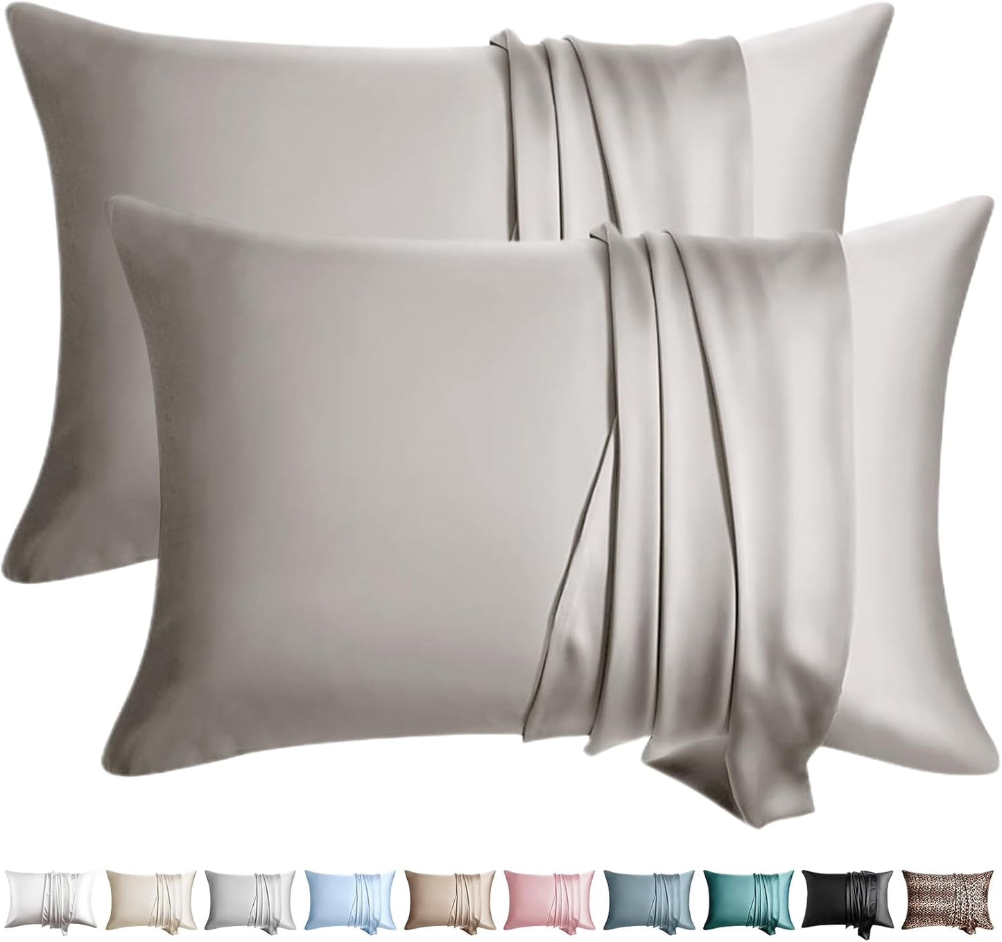 Skiennix 100% Mulberry Silk Pillowcases - Set of 2 Queen Size for Hair & Skin | Soft, Breathable, Cooling, Grey