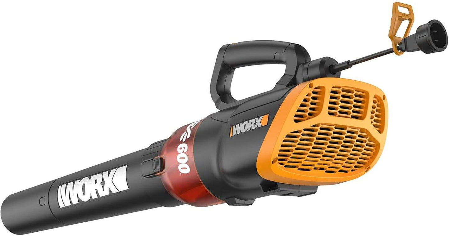WORX 12 Amp Electric Leaf Blower - Powerful 600 CFM Turbine Design with 2 Speed Control | Corded WG520