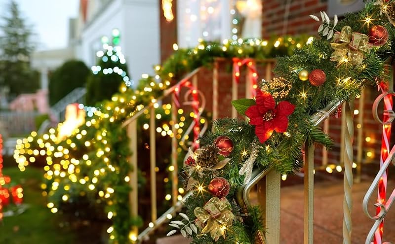 IDEALHOUSE Red & Gold 6FT Battery-Operated Christmas Garland with Lights & Timer