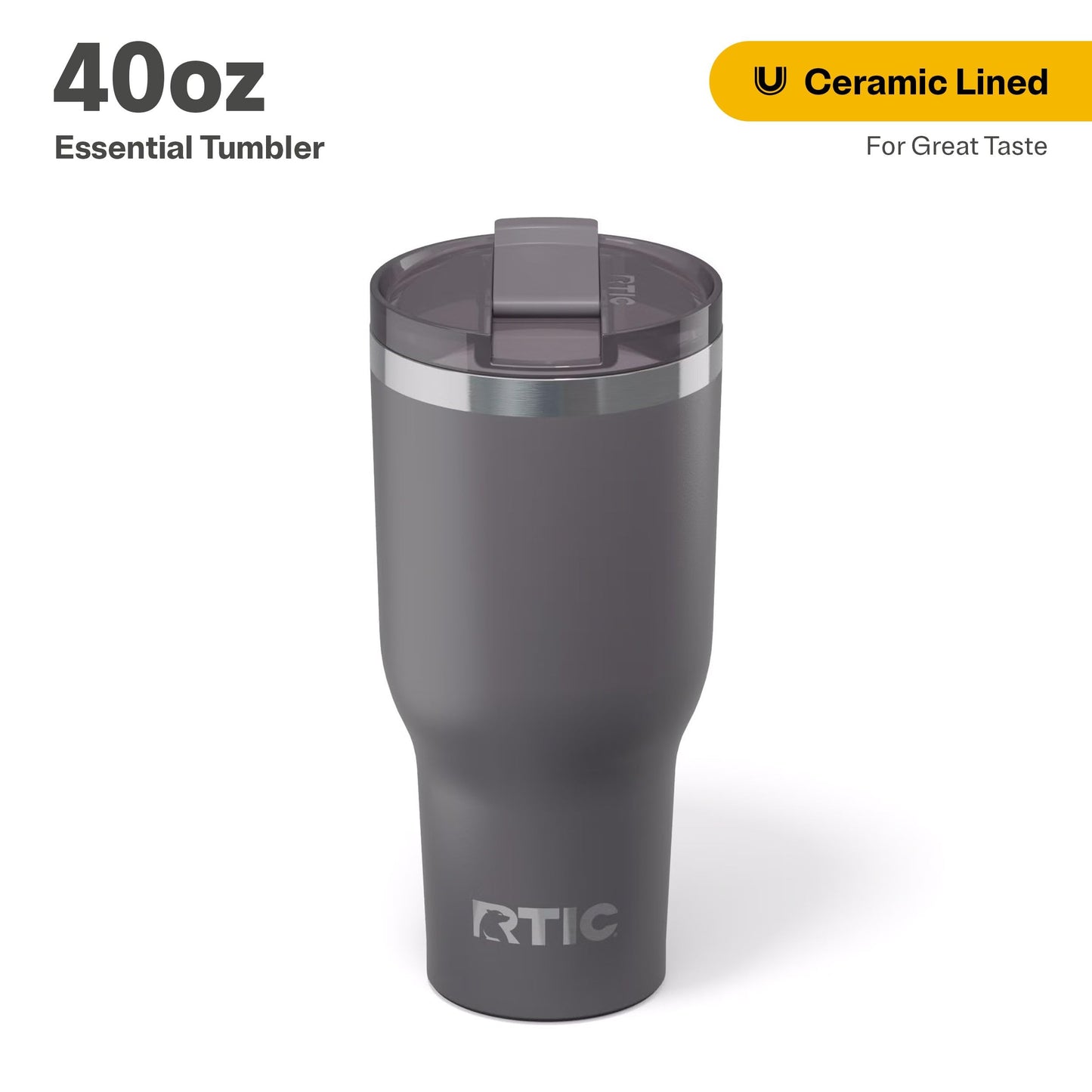RTIC 40oz Essential Tumbler with Lid, Ceramic Lined, Insulated, Stainless Steel, Metal, Double Wall Vacuum-Insulation, Travel Cup for Iced Coffee, Tea, Hot and Cold Drink, Graphite
