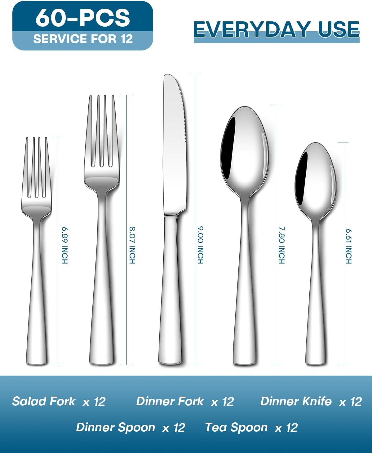 Stapava 60-Piece Silverware Set - Food-Grade Stainless Steel Flatware for 12 | Mirror Polished, Dishwasher Safe