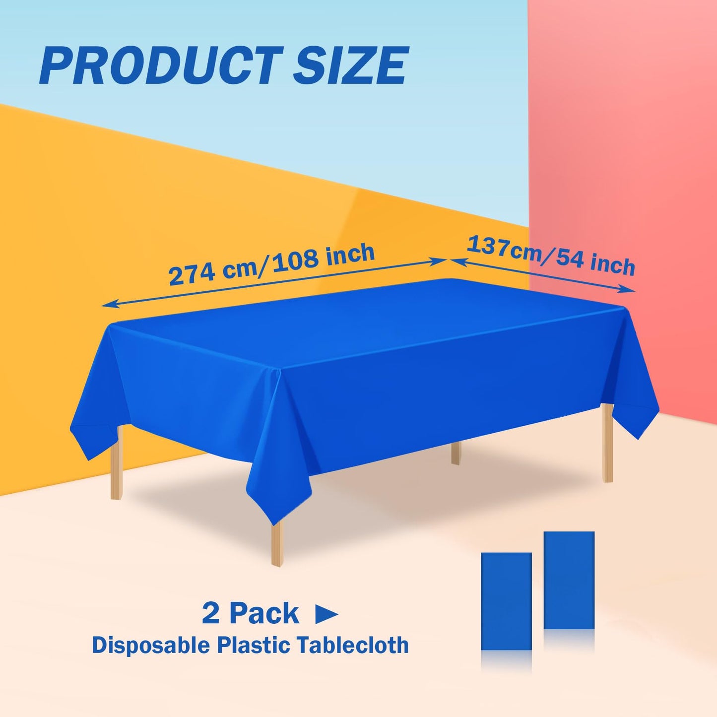 PUSAEN 2 Pack Royal Blue Plastic Table Cloth Disposable Rectangle Tablecloth 54 x 108 Inch, Royal Blue Plastic Table Covers for Birthday Wedding Banquet Picnic Holiday Party Decorations