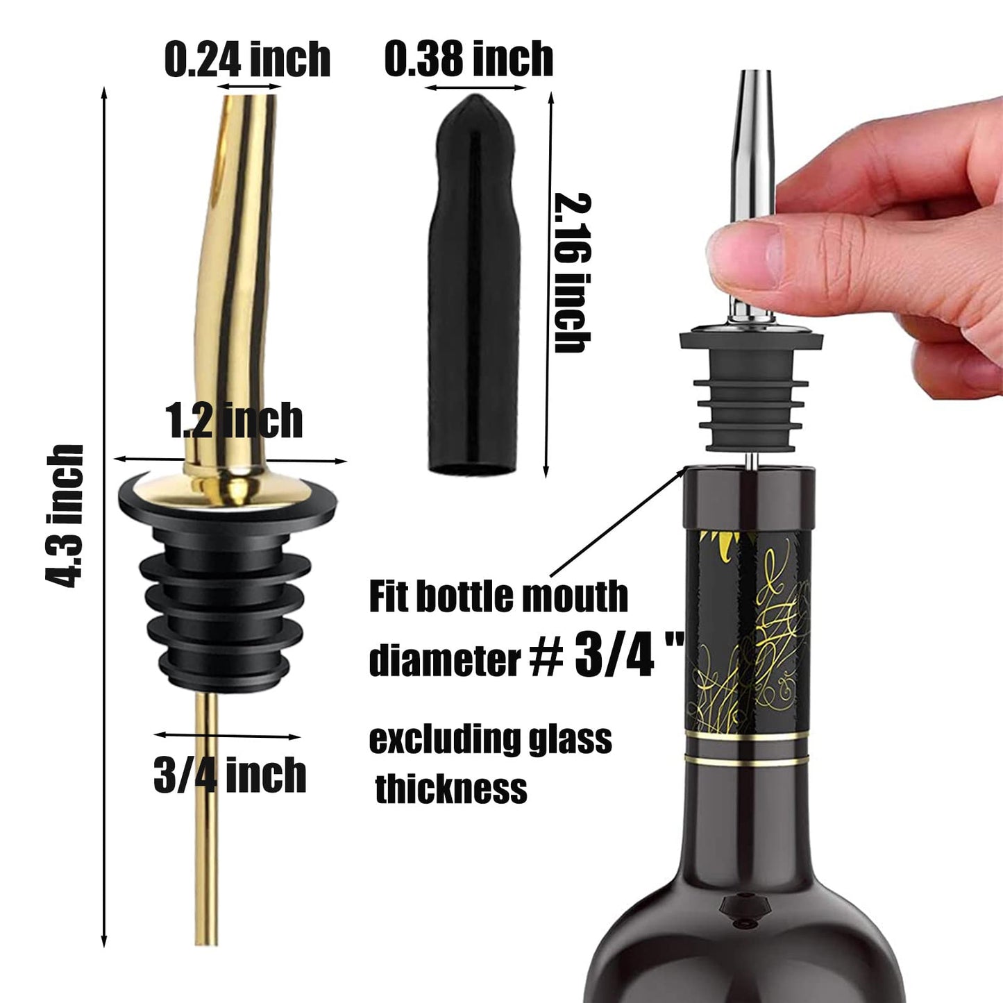 Pafusen 6 Pack Liquor Bottle Pourers, Liquor Pour Spout for Liquor Bottles, Stainless Steel Olive oil Dispenser Spout, Alcohol Pourer Spouts Dust Caps Long Covers, Gold