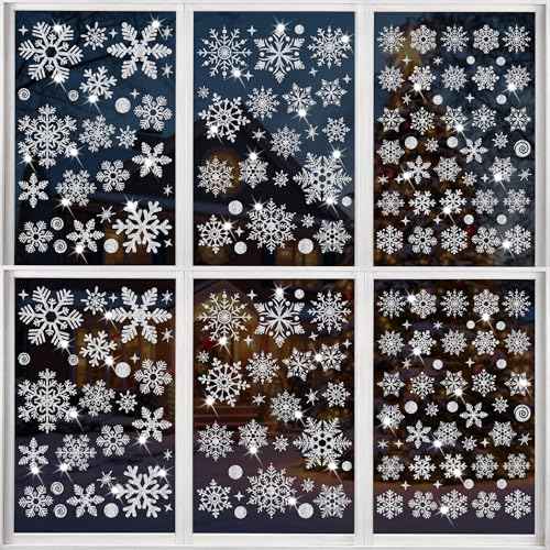 222PCS Snowflake Glitter Christmas Window Clings, 6 Sheet Snowflake Clings for Glass, Christmas Window Decals Stickers for Home Office Decor Xmas Party Decorations