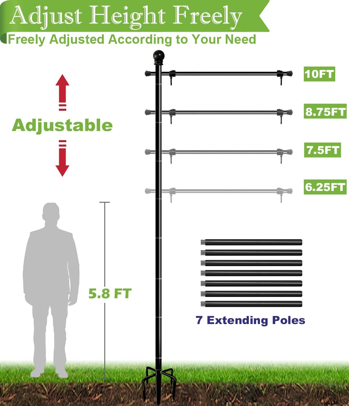 Koutemie 10FT Heavy Duty Garden Flag Pole Stand - Adjustable 5 Prong Base for 3x5 American Flags