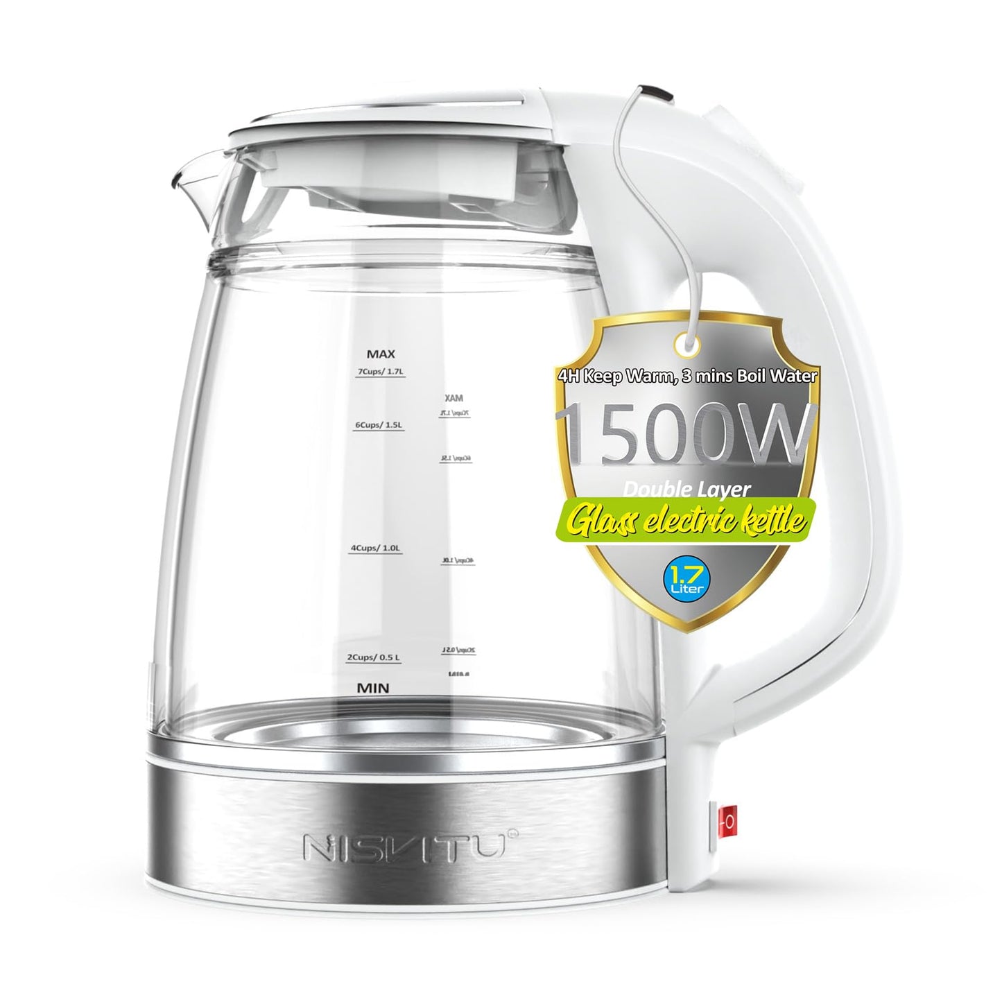 NISVITU Glass & Stainless Steel Cordless Electric kettle for boiling water, Hot water boiler Electric Tea Kettle automatic shut off Boil-Dry Protection, PC Outer + Glass Inner, 1500W, 1.7L, WH