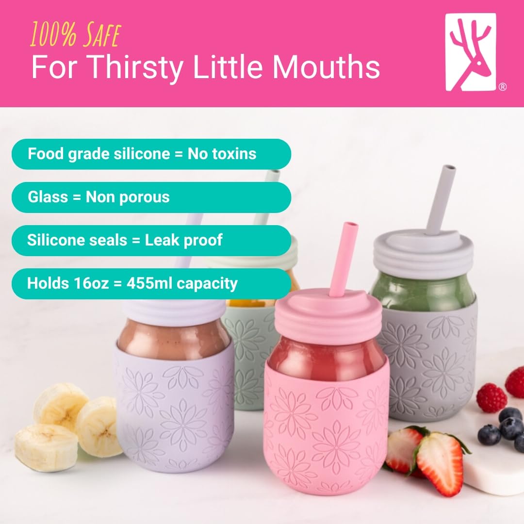 Elk and Friends 16 oz Mason Jar Cups with Straw Lids + Silicone Straws | Pint Glass Jars | Smoothie Cups | Drinking Glasses | Oats Container + Food Storage | 4 Pack