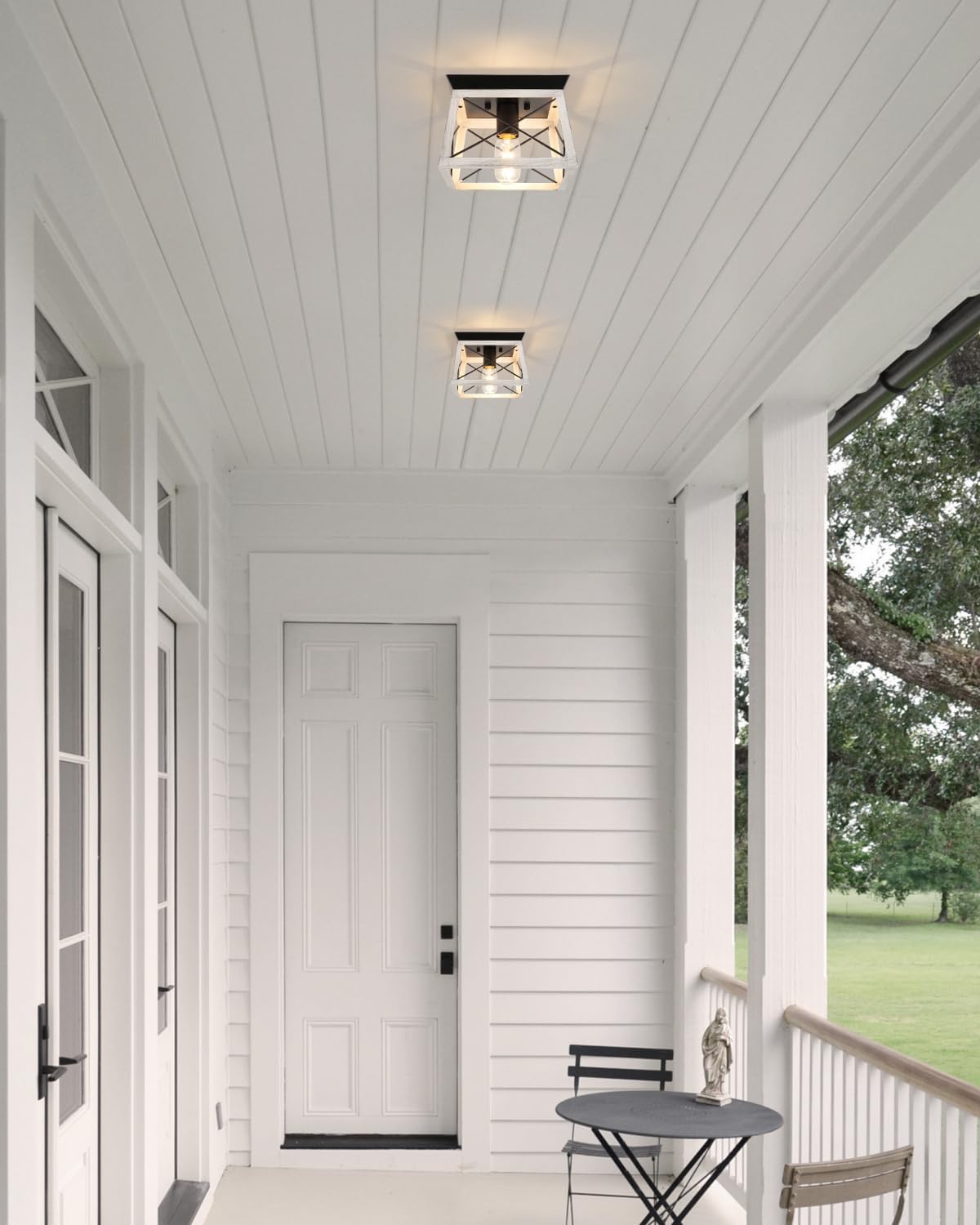 Farmhouse Flush Mount Ceiling Light Oak White Ceiling Light Fixtures 2-Light Industrial Vintage Metal-Framed Ceiling Lighting for Hallway Foyer Kitchen Dining Room Bedroom Living Room Laundry