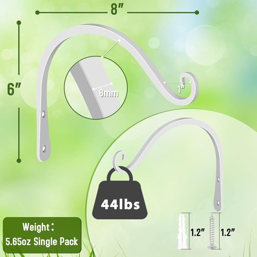 FEED GARDEN Heavy Duty Plant Hooks - 8 Inch Wall-Mounted Brackets | 44lb Capacity Steel Hangers in White