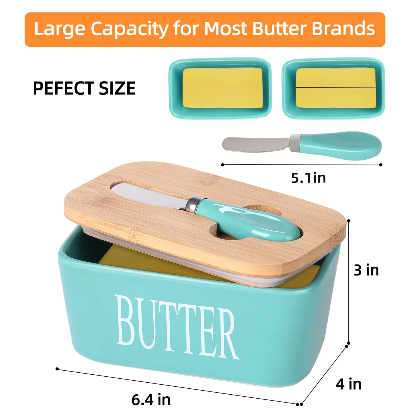 Lxmons Ceramic Butter Dish with Wooden Lid, Large Butters Container Keeper Storage with Stainless Steel Knife Spreader, Bamboo Cover and Silicone Sealing Ring for West East Coast, Aqua