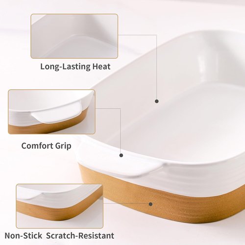 Hasense Ceramic Baking Dish - Non-Stick Lasagna Pan with Handle | 11.8x8.7 Inches, 3.4 Qt, White