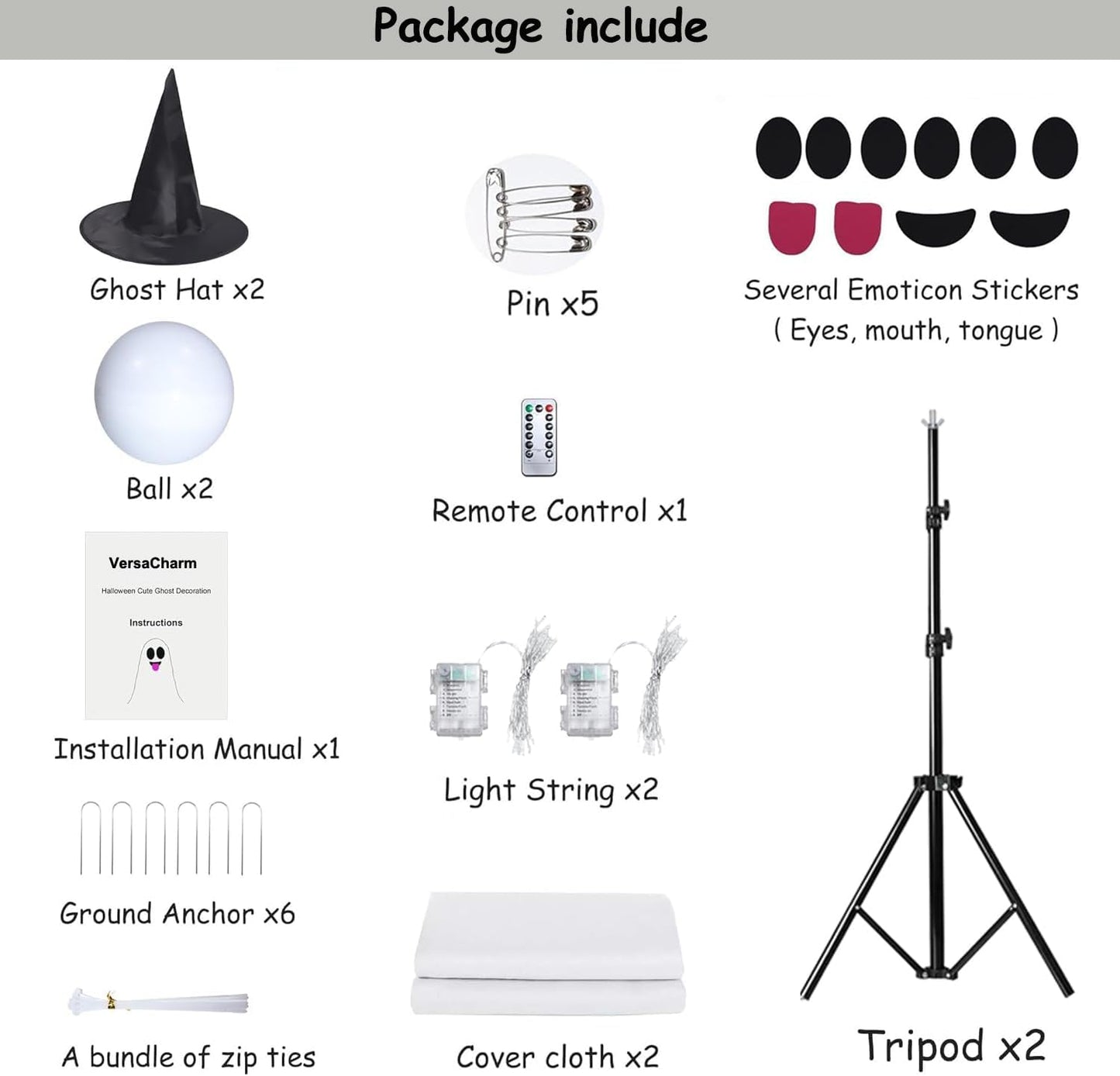 VersaCharm Halloween Ghost LED String Lights - Spooky Indoor/Outdoor Decor with Remote Control | 2 Pack, White