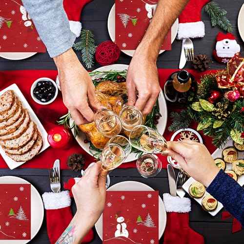 Quera 50 Pack Christmas Paper Napkins Snowman Red Silver Foil Disposable Beverage Napkins Decorative Table Napkin for New Year Winter Dinner Merry Christmas Holiday Xmas Party Supplies, 6.5 "x 6.5"