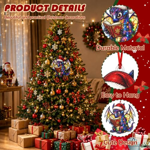 Joyline Christmas Dragon Ornament with Santa Hat - Acrylic Hanging Decor, Book Lover Gift
