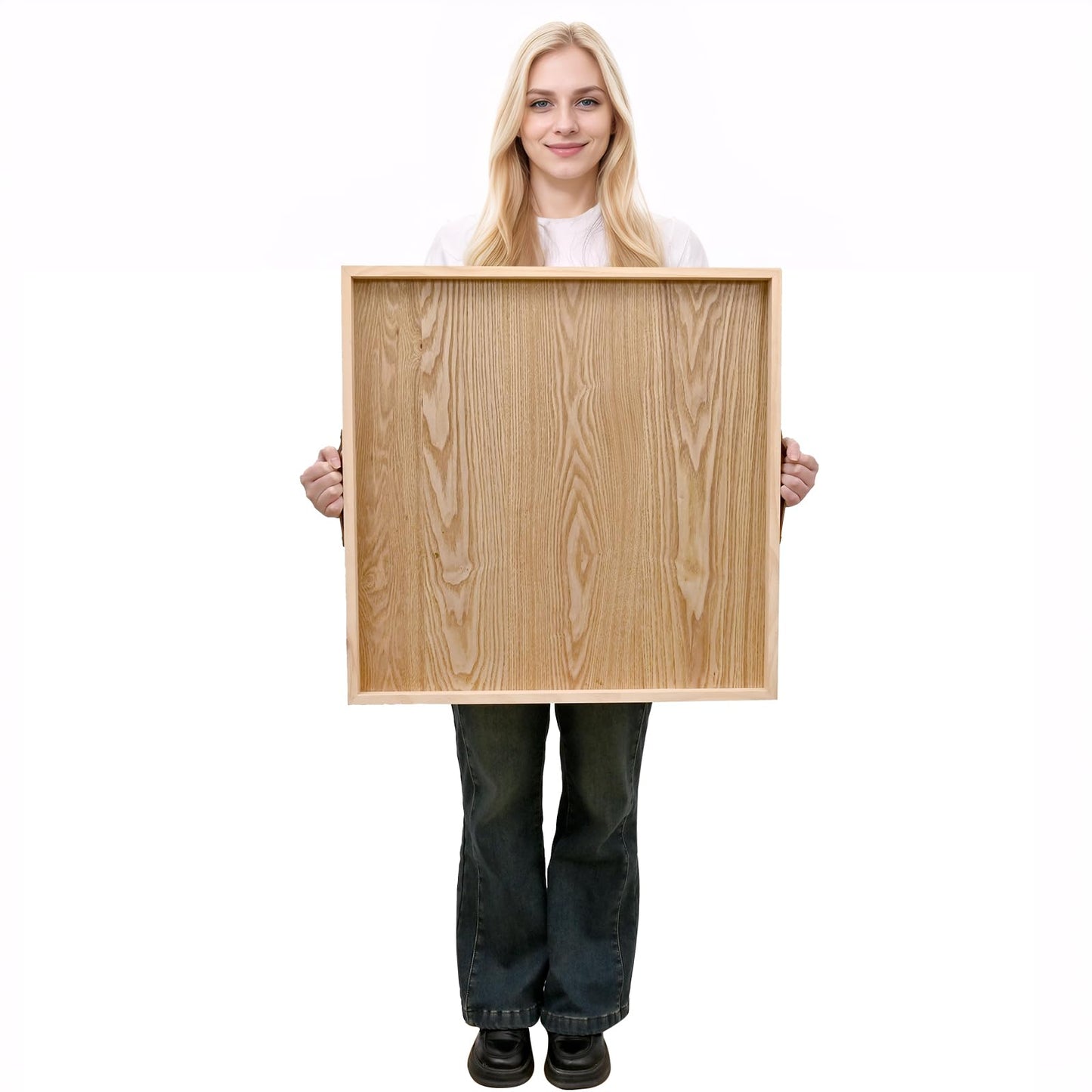 SwallowLiving 24 x 24 Inches Extra Large Square Wood Ottoman Tray with Leather Handles, Wooden Natural