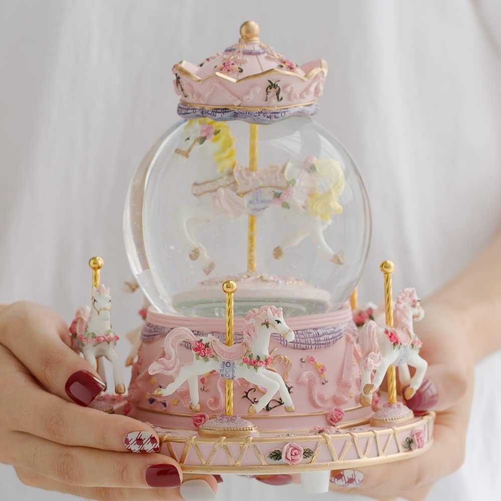 LOVE FOR YOU Musical Snow Globe Carousel | Gift-Wrapped with Ribbon, Colorful Lights & Horses - Perfect for Girls, Women & Kids