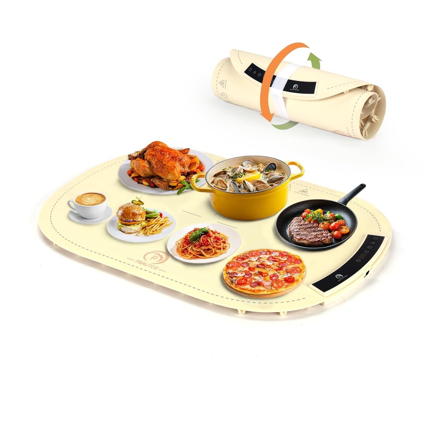 P PBAUTOS Food Warming Mat, 23.1"x15.8" Silicone Heating Mat for Buffets & Parties, Electric Warming Tray with 7 Temp Settings, Auto Shut-Off, Foldable Design, Non-Stick Surface, Household Use Only