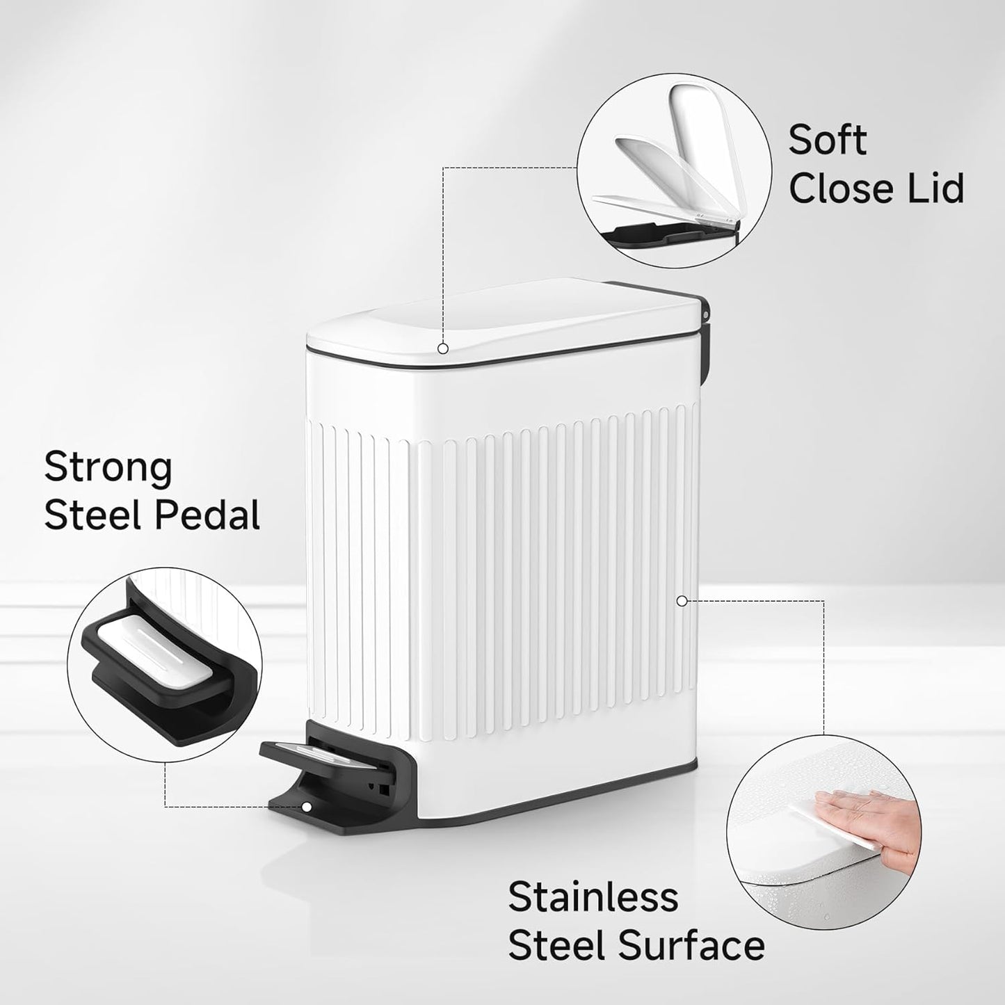 TIPGO Slim Bathroom Trash Can - Soft Close Lid & Step Pedal | 6L Stainless Steel Bin for Bedroom, Office, Kitchen (White)