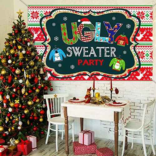 Blulu Ugly Sweater Party Supplies Large Fabric Red and Green Ugly Xmas Sweater Party Backdrop for Christmas Decoration Winter Elfed Photo Booth Background Banner