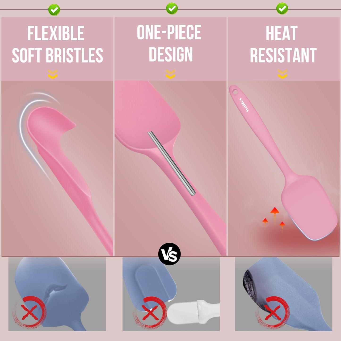 Walfos Silicone Spatula Set - High Heat Resistant Kitchen Scrapers (600°F) | BPA Free & Dishwasher Safe - Pink