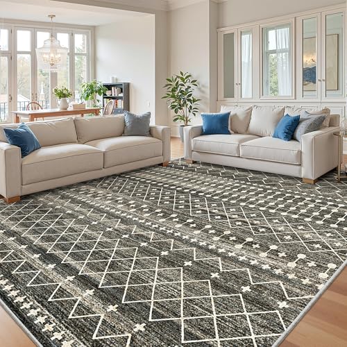 8x10 Black Area Rug - Washable Non-Slip Moroccan Style Living Room Rug