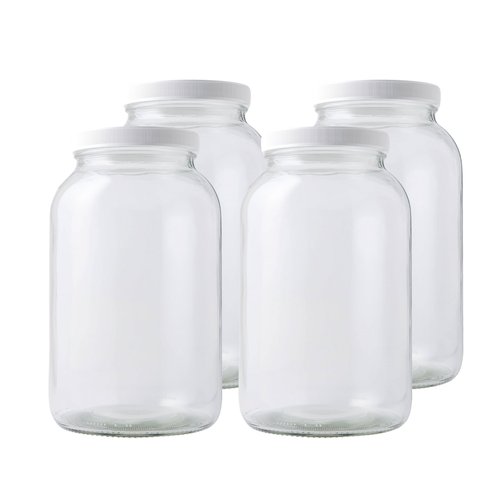 FastRack 1 Gallon Mason Jar with White Airtight Lid (Pack of 4) | Regular Glass Canisters with Airtight Lids | Large Mouth Glass Jar for Food Storage, Canning, Fermentation, Pickling