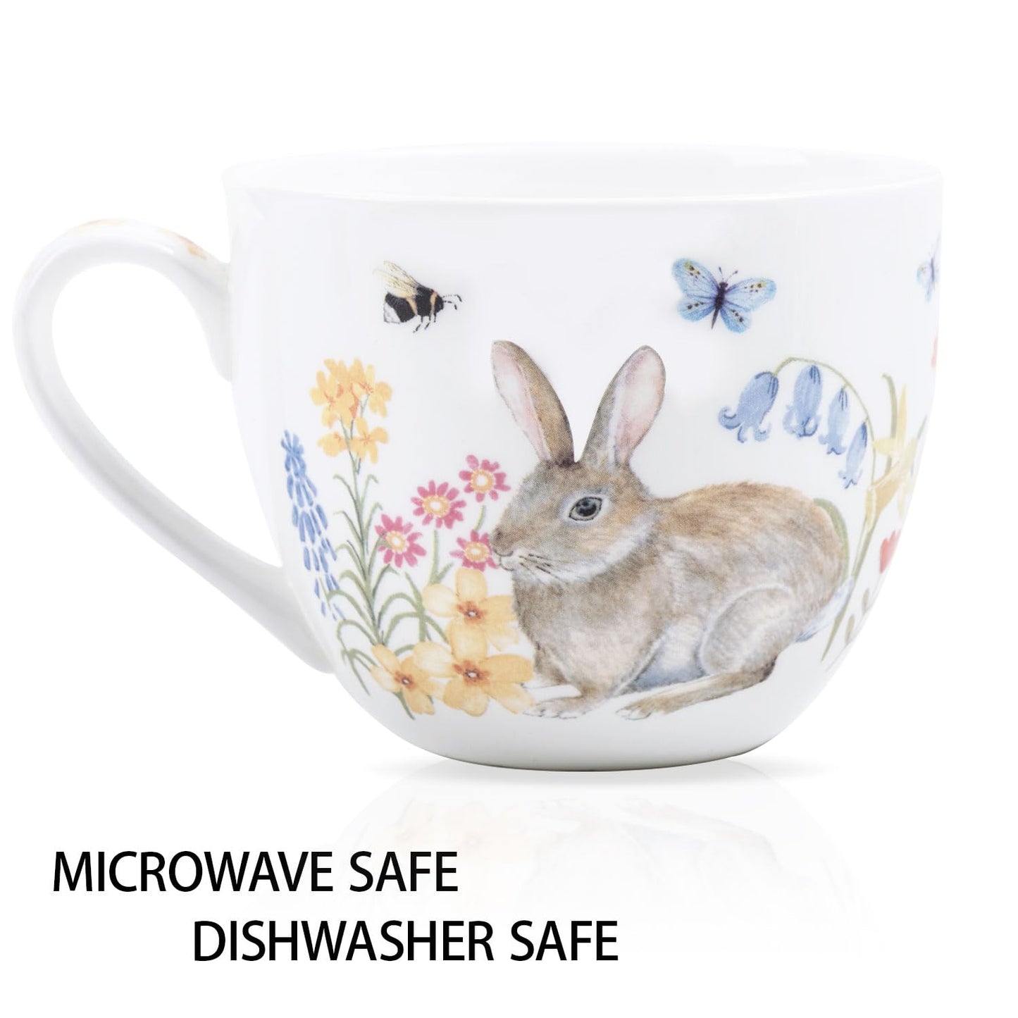 20 oz Easter Bunny Coffee Hug Mug, Spring Flowers & "Happy Days" Slogan, Premium Bone China Rabbit Tea Mug, Cute Easter Gift for Women, Family, Friends, Designed in England by Harvest Green Studio
