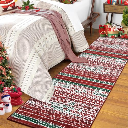 GarveeHome 2x8 Red/Green Christmas Runner Rug - Snowflake Hallway/Kitchen Mat