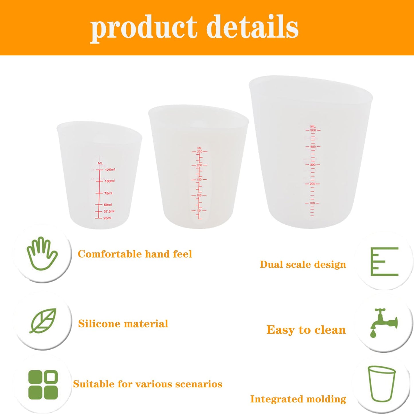 Set of 3 Silicone Flexible Measuring Cups with Marking, 2 Cup&1 Cup&1/2 Cup,Squeeze and Pour Silicone Measuring Cup with Marking For epoxy resin, butter, chocolate, etc.