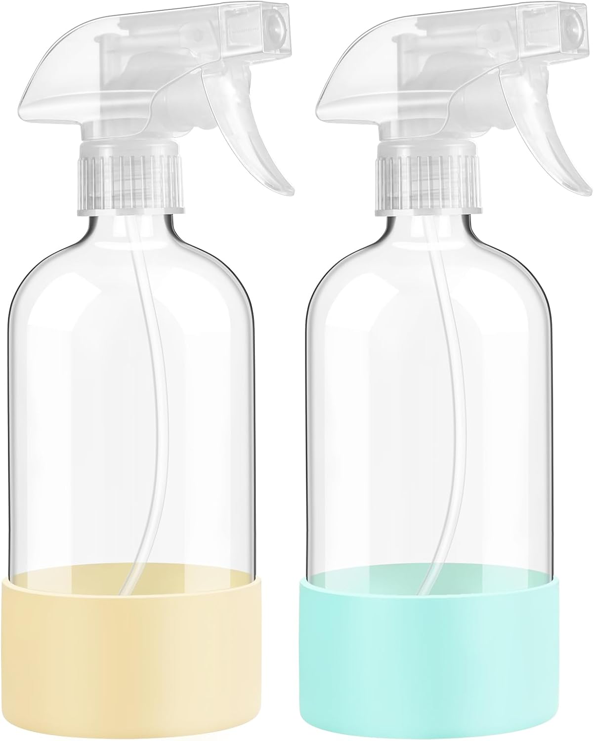 Skiennix Glass Spray Bottles - 16 oz Reusable with Silicone Sleeve & Adjustable Nozzle | 2 Pack in Pale Yellow & Mint Green