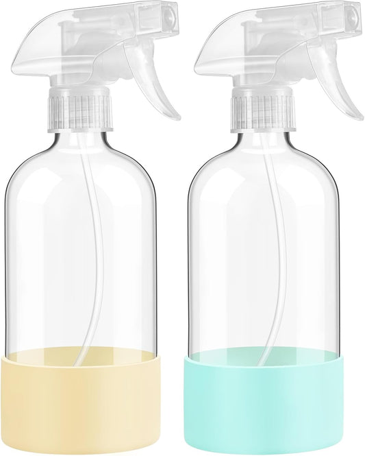 Skiennix Glass Spray Bottles - 16 oz Reusable with Adjustable Nozzle & Silicone Sleeve | 2 Pack in Pale Yellow & Mint Green