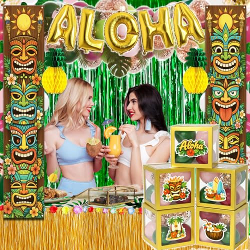 Hawaiian Party Decorations Kit - 169 Pcs Tropical Party Supplies with Balloons, Foil Banner, Fringe Curtains, Palm Leaves & More