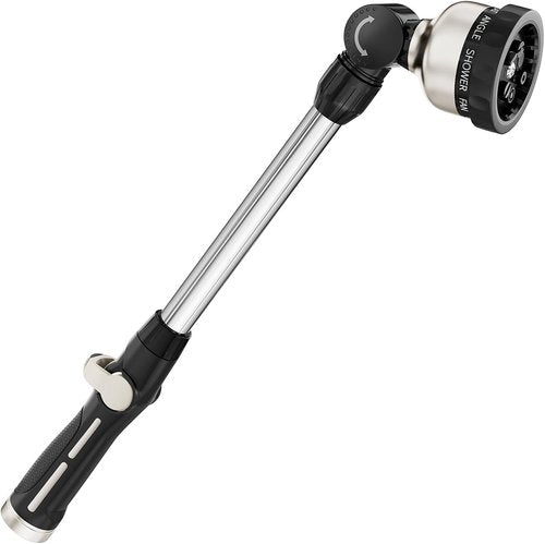 FANHAO 16-Inch Metal Watering Wand - Heavy Duty Hose Nozzle with 9 Spray Patterns & 180° Rotation - Black