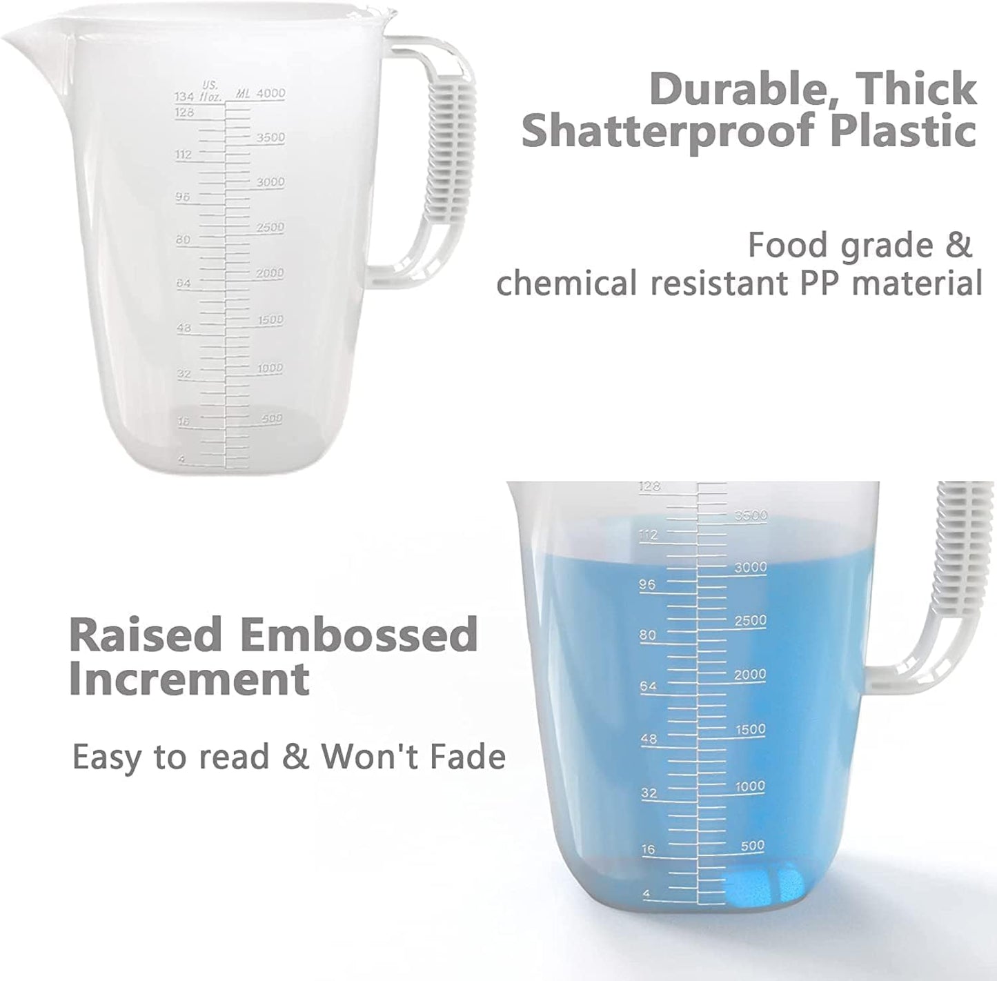 1 Gallon Measuring Pitcher-Convenient Conversion Chart,134oz Extra Large Plastic Measuring Cup-Strong Food Grade Material,Graduated Mixing Pitcher Great for Lawn,Pool Chemicals, Motor Oil and Fluids