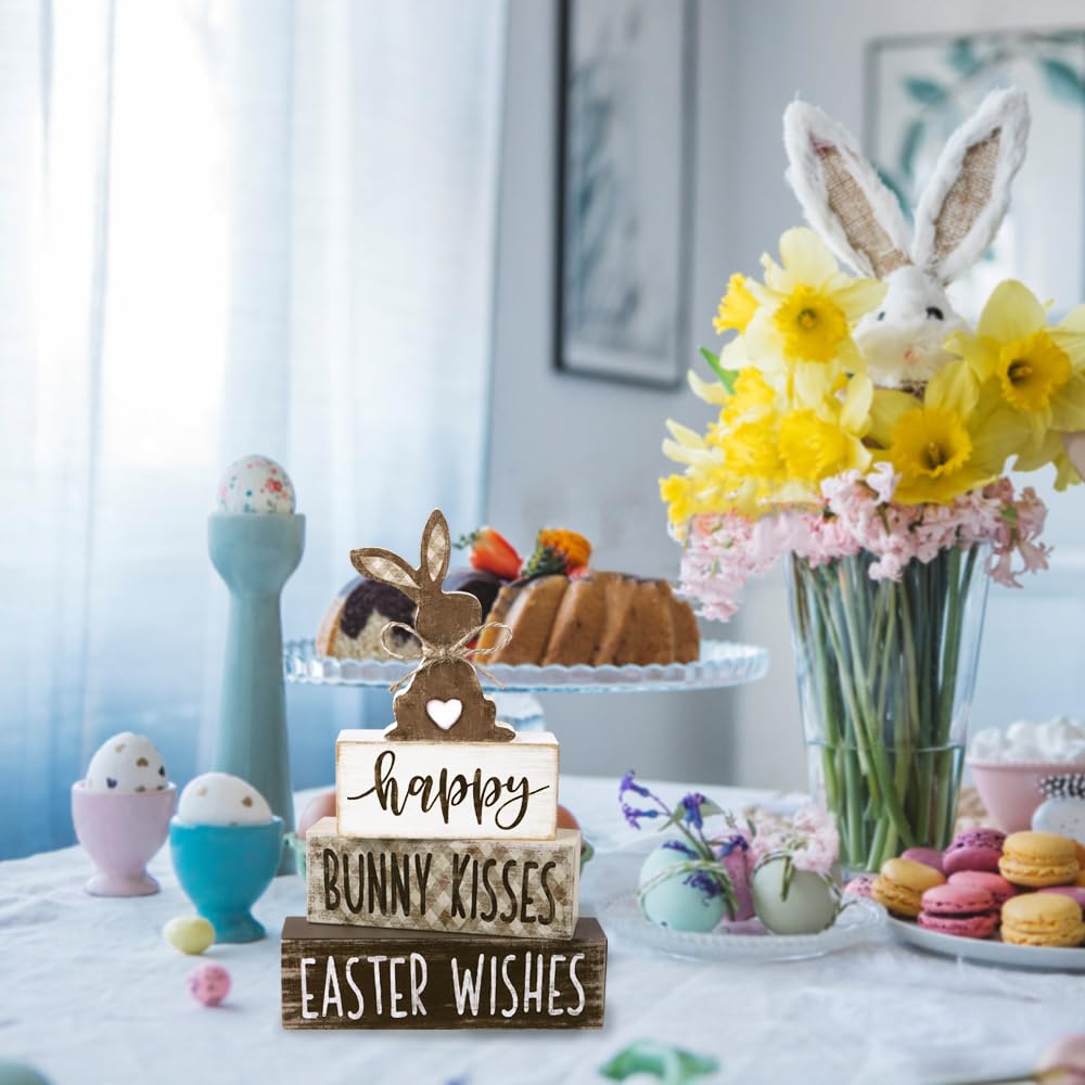 DIYDEC 4Pcs Easter Tabletop Decorations Bunny Wooden Block Signs Gift Rustic Tiered Tray Decor Happy Easter Centerpiece Farmhouse Wood Rabbit Table Sign for Kitchen Home Office Party Decor